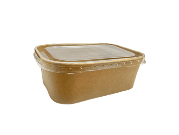 Bol carton rectangular kraft catering, 750 ml, 50 buc/set cu capac transparent