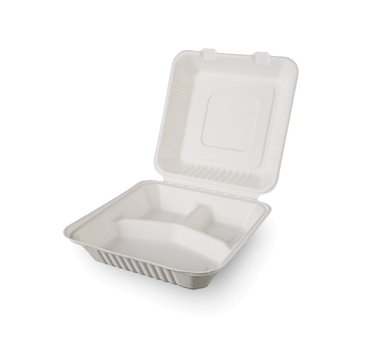 Caserole patrate BIO mari cu capac din trestie de zahar 3 compartimente, 50 buc/set