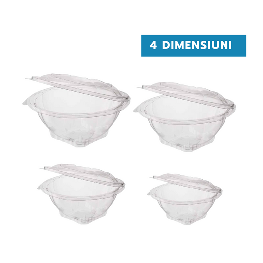 Caserole plastic rotunde pentru salata cu capac atasat, 250, 375, 500 si 1000 ml, 100 buc/set
