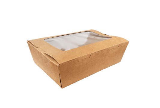 Cutii carton kraft meniu catering 2100 ml, cu fereastra, 19,5 x 14 x H 6,5 cm, 50 buc/set