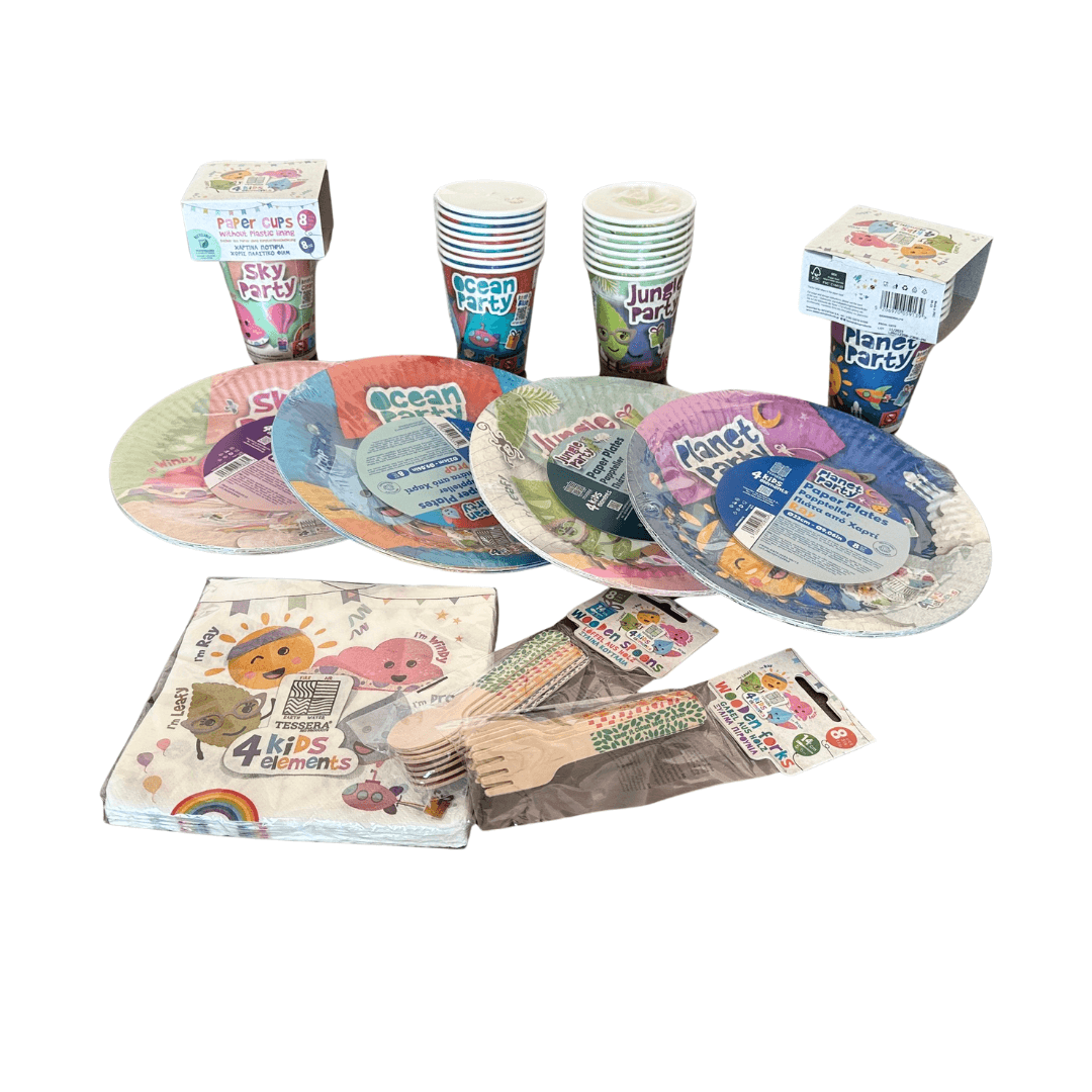 Pachet party farfurii, pahare, servetele, furculite, lingurite lemn