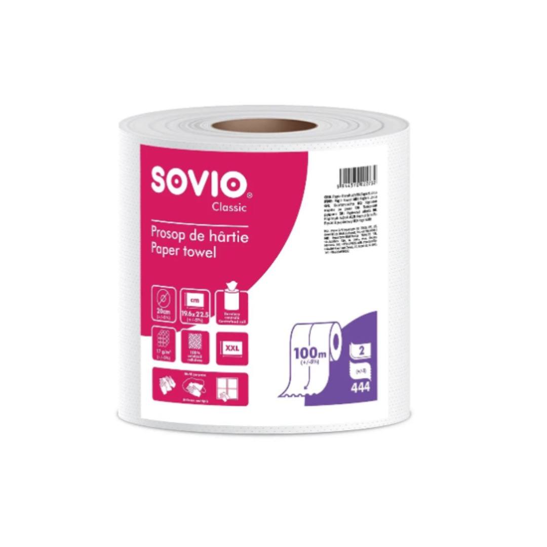 Prosop monorola Sovio din hartie alba 100 m, 444 foi, 1 rola/bax