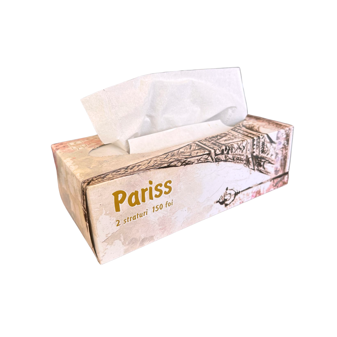Servetele faciale albe Pariss, la cutie (pop-up), 2 straturi, 150 buc/cutie