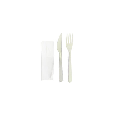 Set tacamuri reutilizabile BIS furculita si cutit cu servetel alb, 100 buc/set