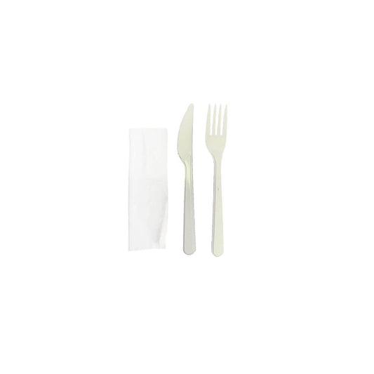 Set tacamuri reutilizabile BIS furculita si cutit cu servetel alb, 100 buc/set