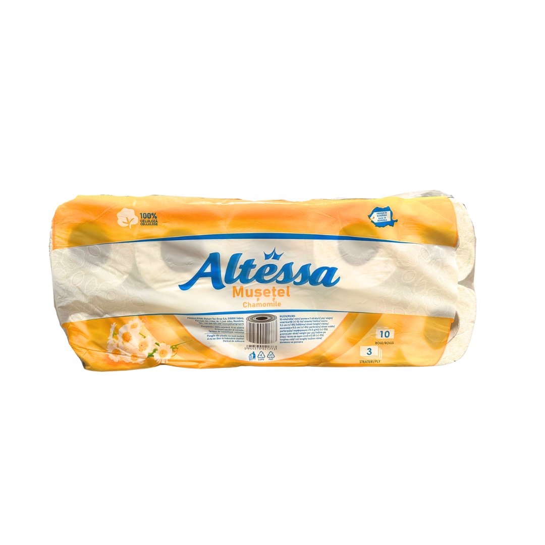 Altessa Hartie igienica alba musetel, 3 str, 110 foi, 10 role/set
