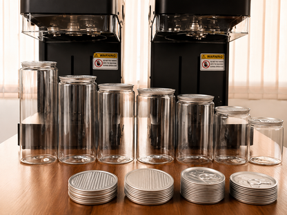 Doze pet din plastic cu capace din aluminiu si aparate de fixare capace