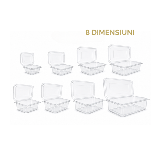 Caserole transparente GROASE cu capac atasat PET, DIVERSE DIMENSIUNI, 100 buc/set