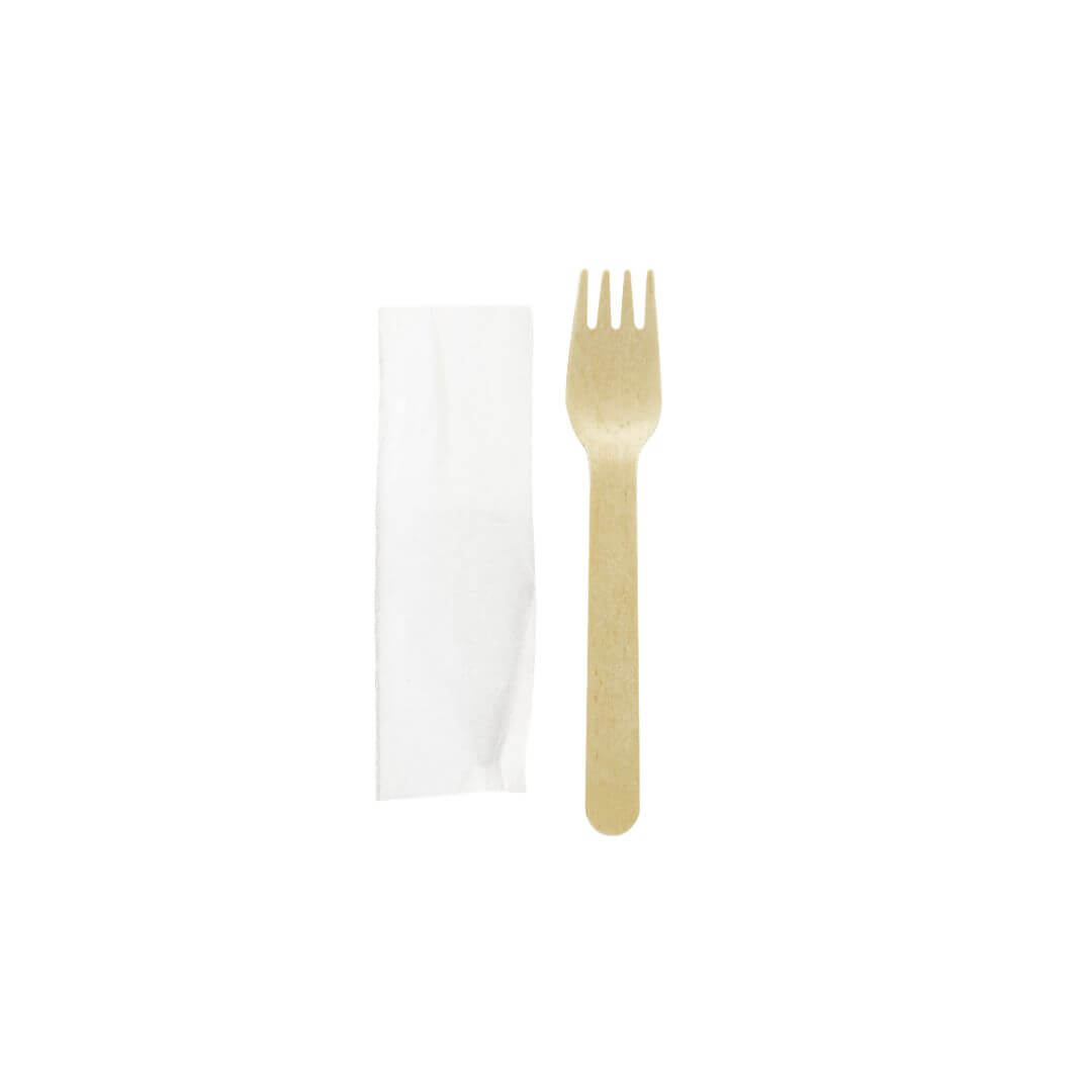 Set tacamuri furculita lemn cu servetel alb, 100 buc/set