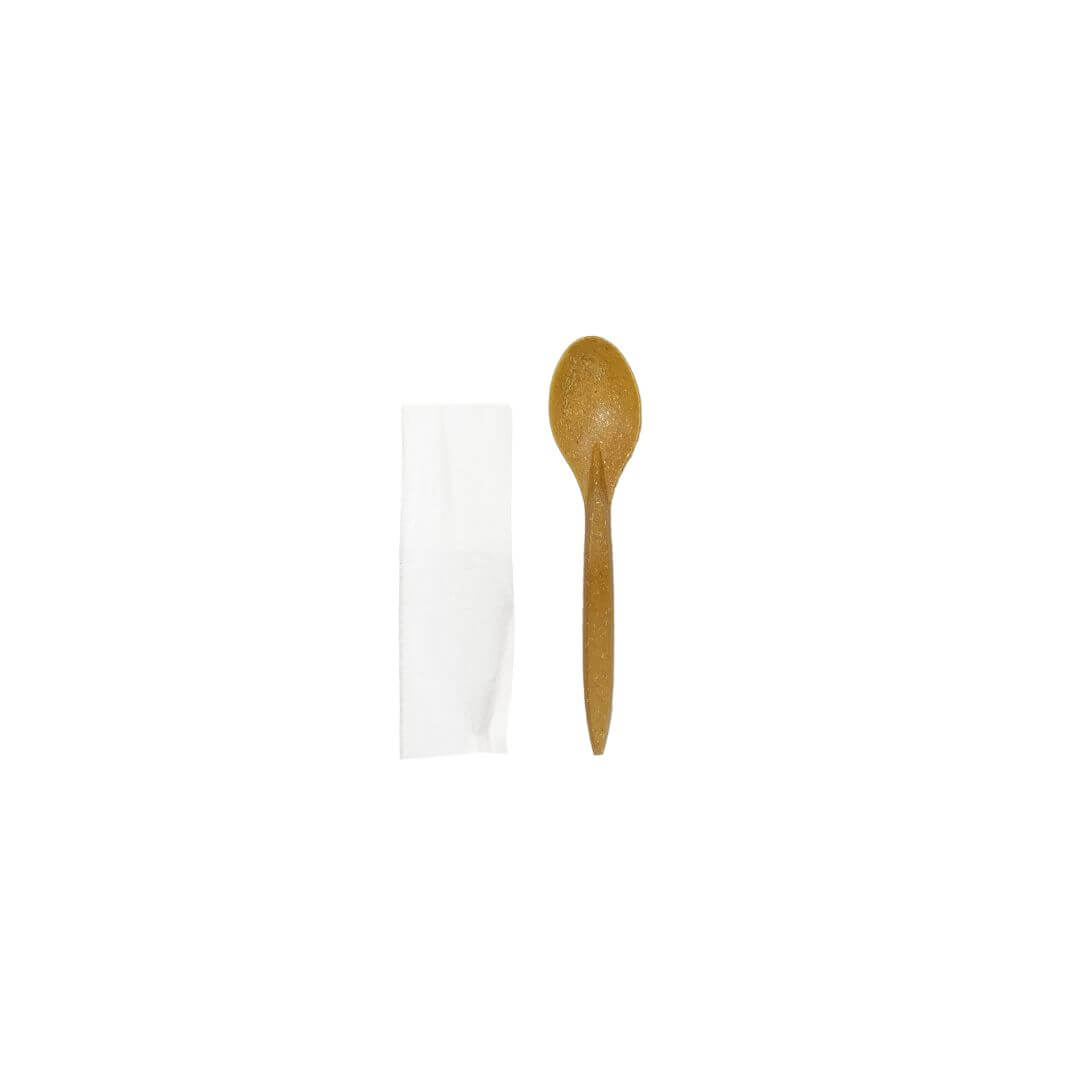 Set tacam lingura din fibra lemnoasa cu servetel, 100 buc/set