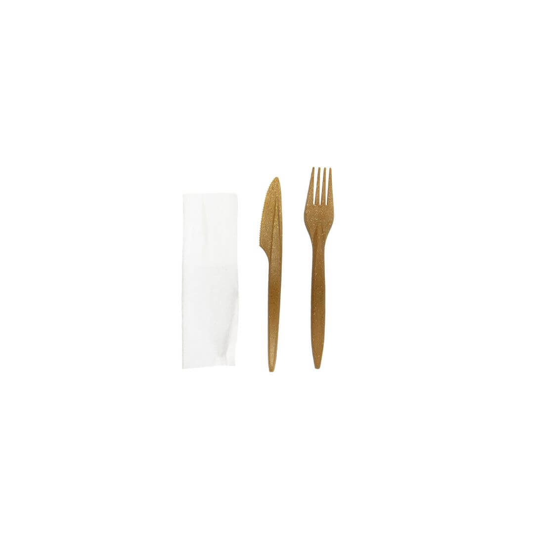 Set tacamuri furculite si cutite din fibra lemnoasa cu servetel, 100 buc/set