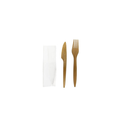Set tacamuri furculite si cutite din fibra lemnoasa cu servetel, 100 buc/set