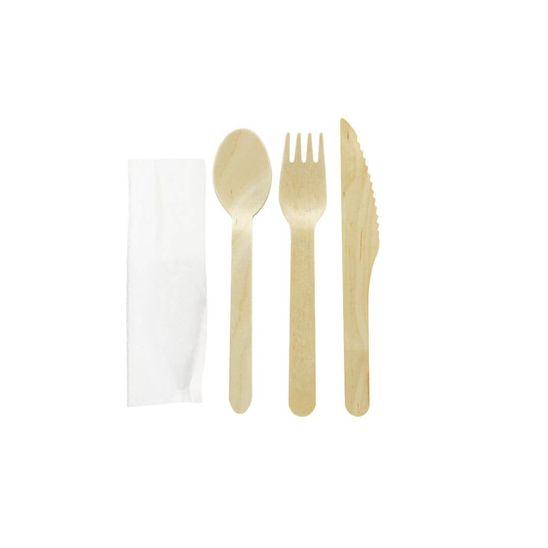 Set tacamuri lingura, furculita si cutit lemn cu servetel alb, 100 buc/set
