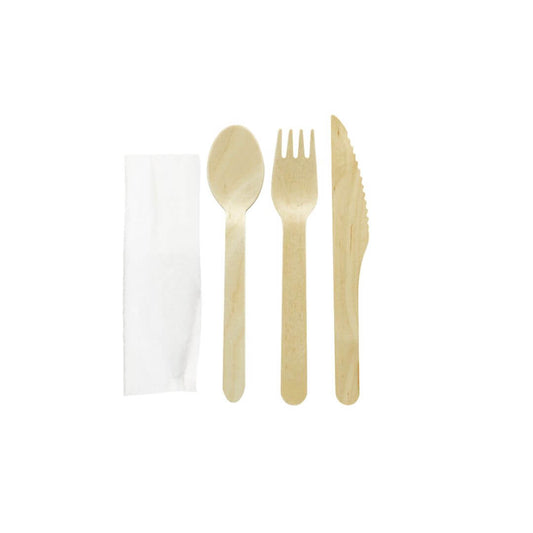 Set tacamuri lingura, furculita si cutit lemn cu servetel alb, 100 buc/set
