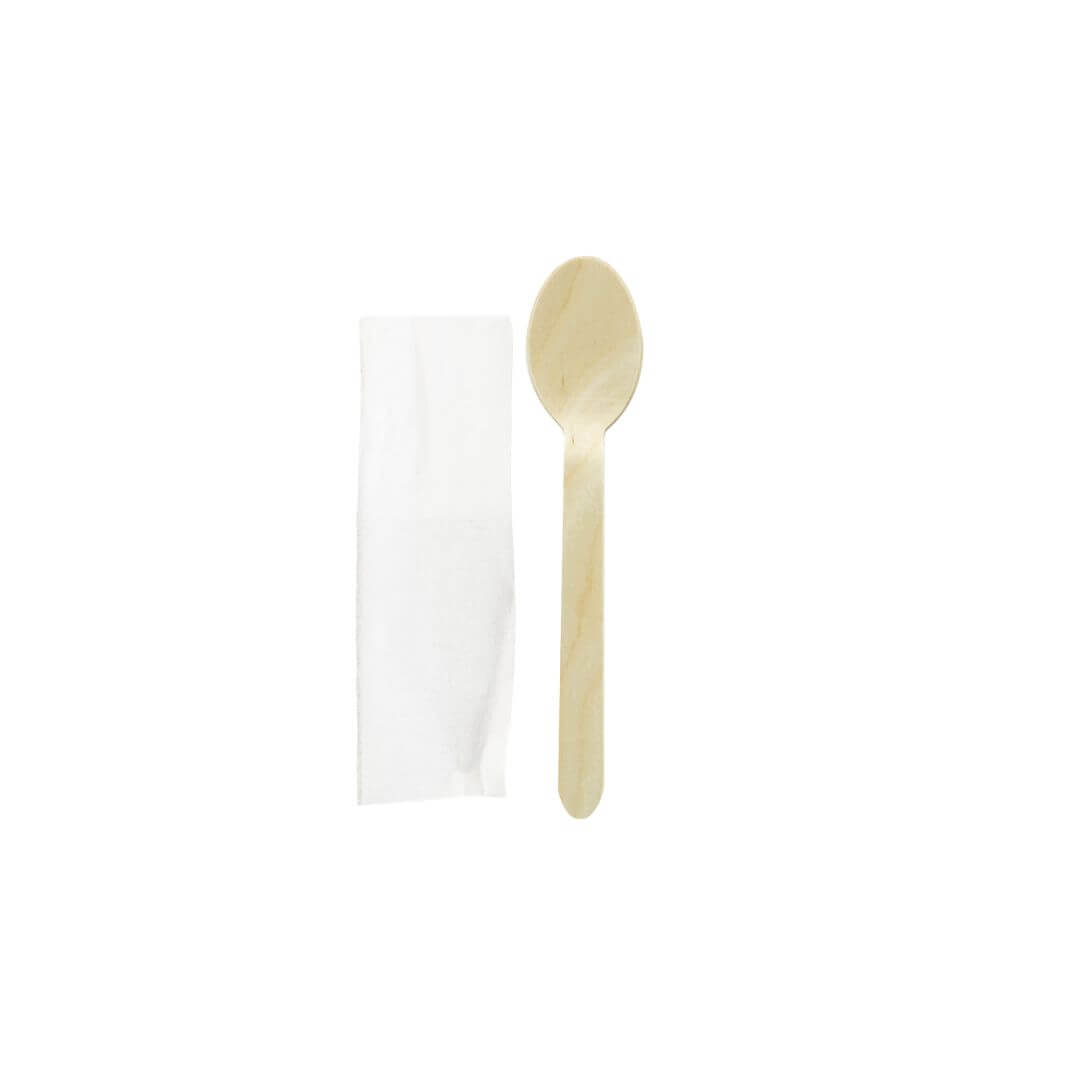 Set tacamuri lingura lemn cu servetel alb, 100 buc/set