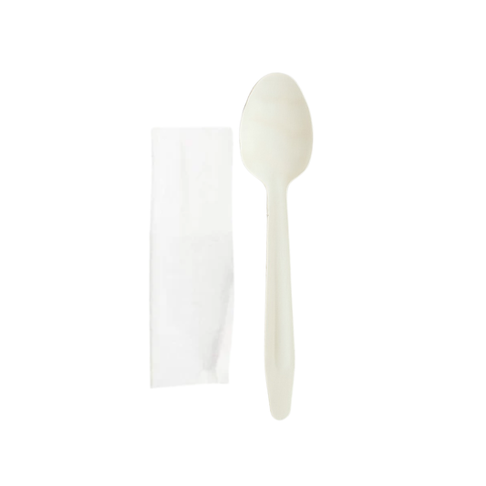 Set tacamuri lingura lemn cu servetel alb, 100 buc/set