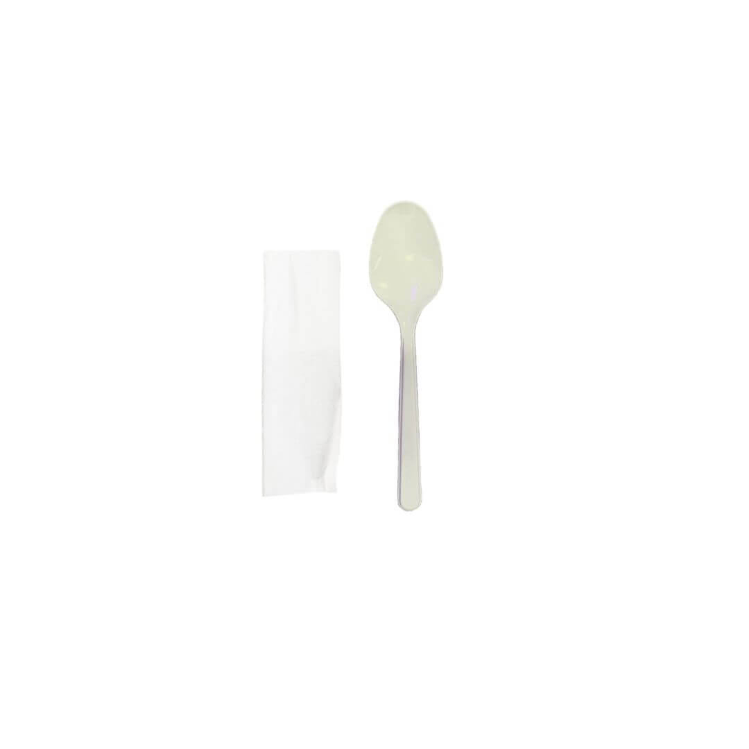 Set tacamuri reutilizabile lingura cu servetel alb, 100 buc/set