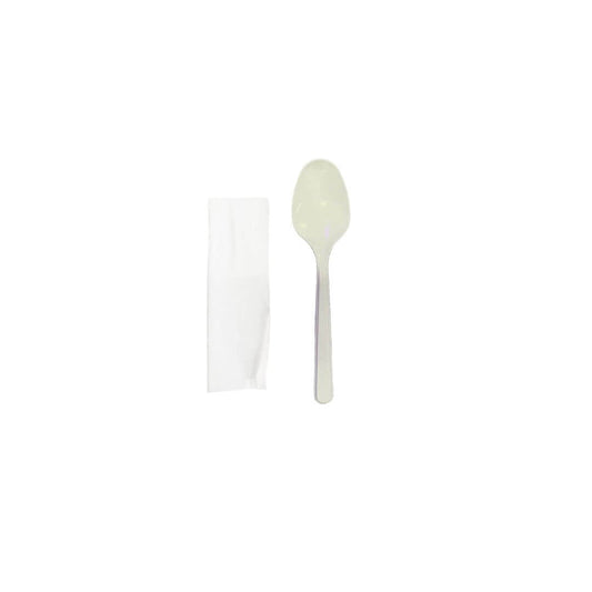 Set tacamuri reutilizabile lingura cu servetel alb, 100 buc/set