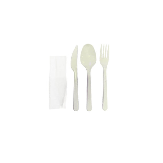 Set tacamuri reutilizabile tris lingura, furculita si cutit cu servetel alb, 100 buc/set